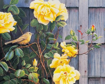  Jaune Tableaux - oiseau et rose jaune fleurs classiques